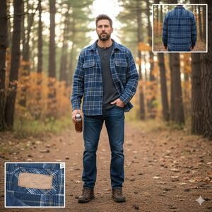 ORVIS Men's XL Plaid Flannel Shirt Jacket Shacket Blue Long Sleeve Button‎ Up